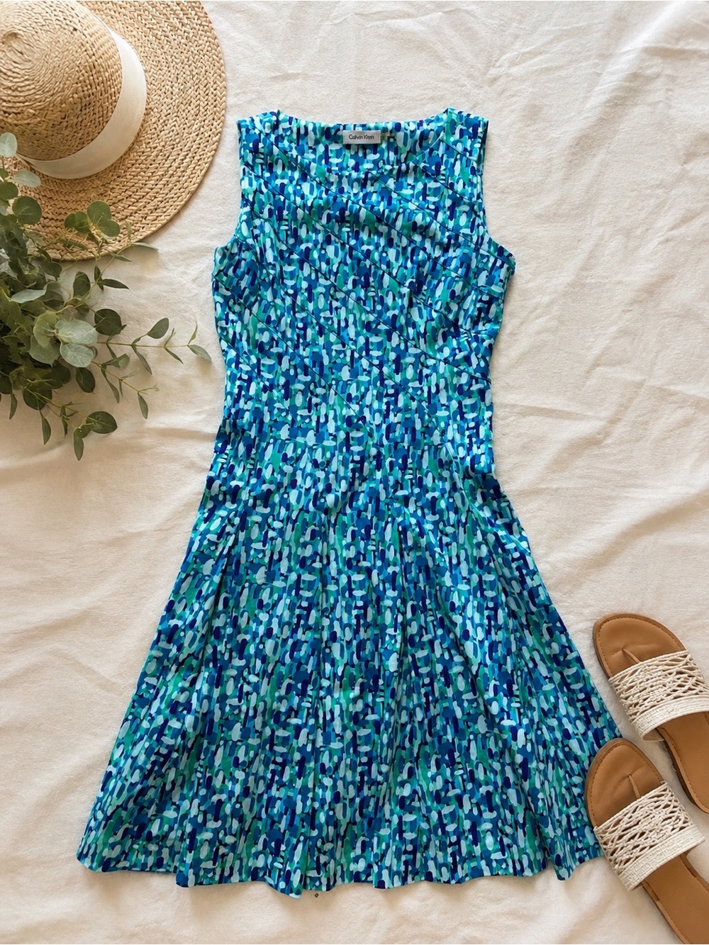 Calvin Klein Blue Abstract Print Fit & Flare Sleeveless Midi Dress Size 4